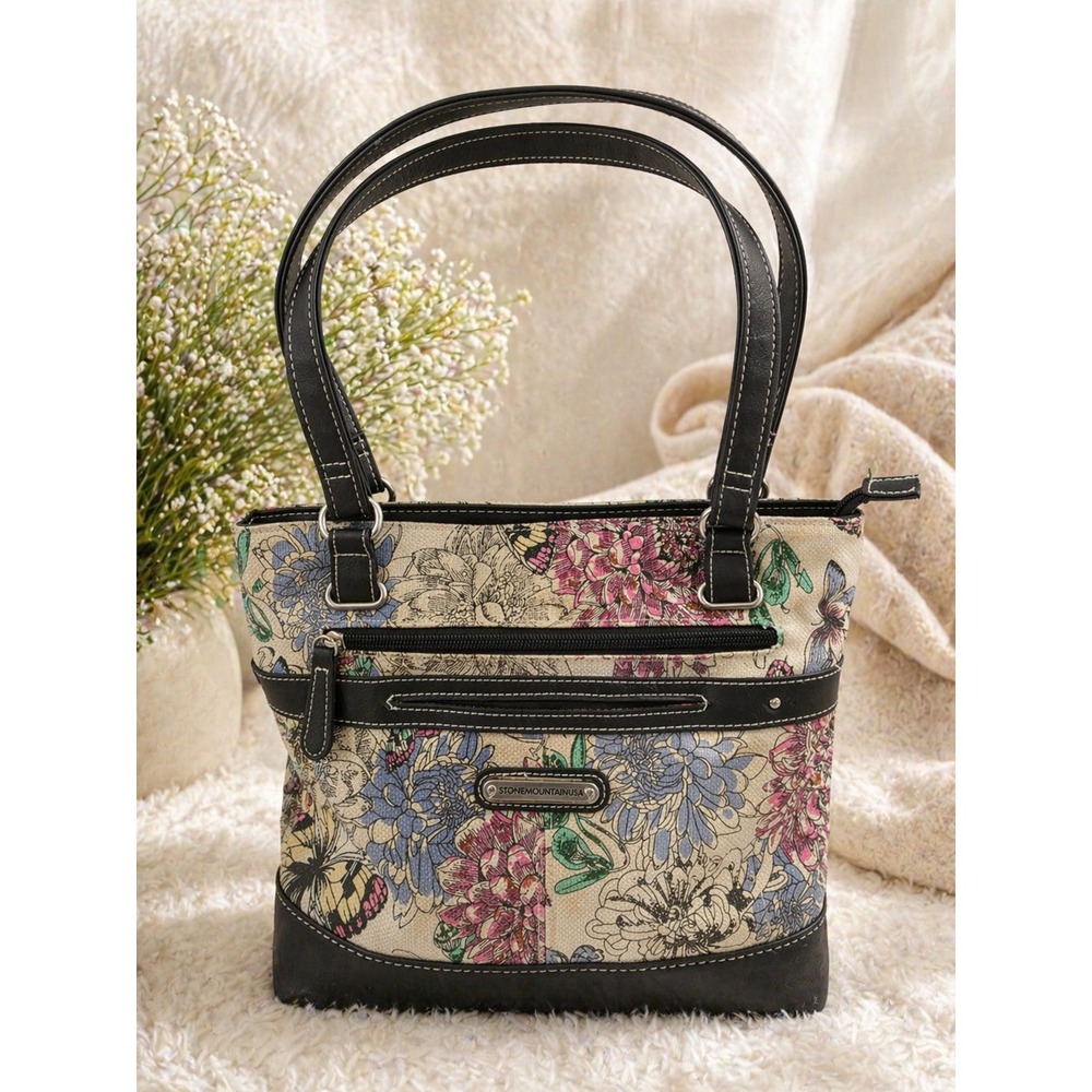 Stone Mountain USA Floral Butterfly Canvas Shoulder Bag Black Trim Multi-Pocket